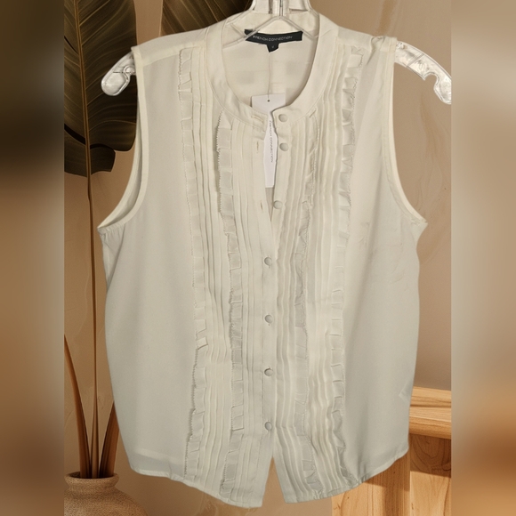 French Connection Cream Mandarin Collar w/ Button Down Ruffle Sleeveless Blouse - Picture 3 of 12